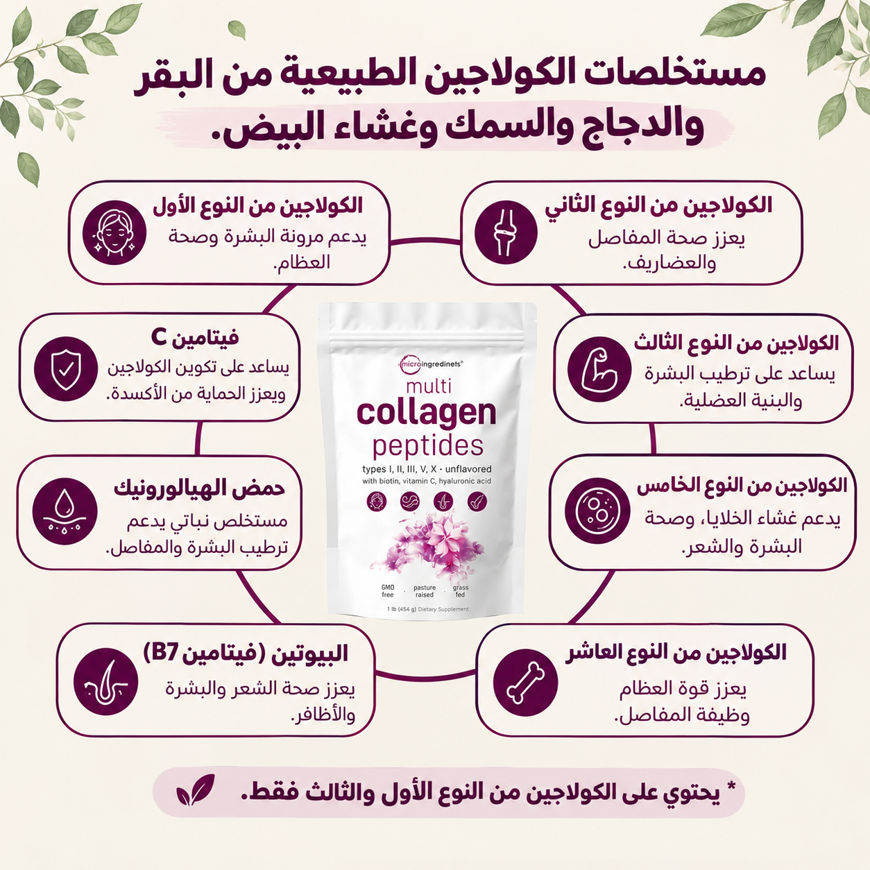 مايكرو إنغريديانتس كولاجين متعدد الببتيدات (أنواع I وII وIII وV وX) مع البيوتين وفيتامين C وحمض الهيالورونيك – مسحوق بدون نكهة – 454 غ