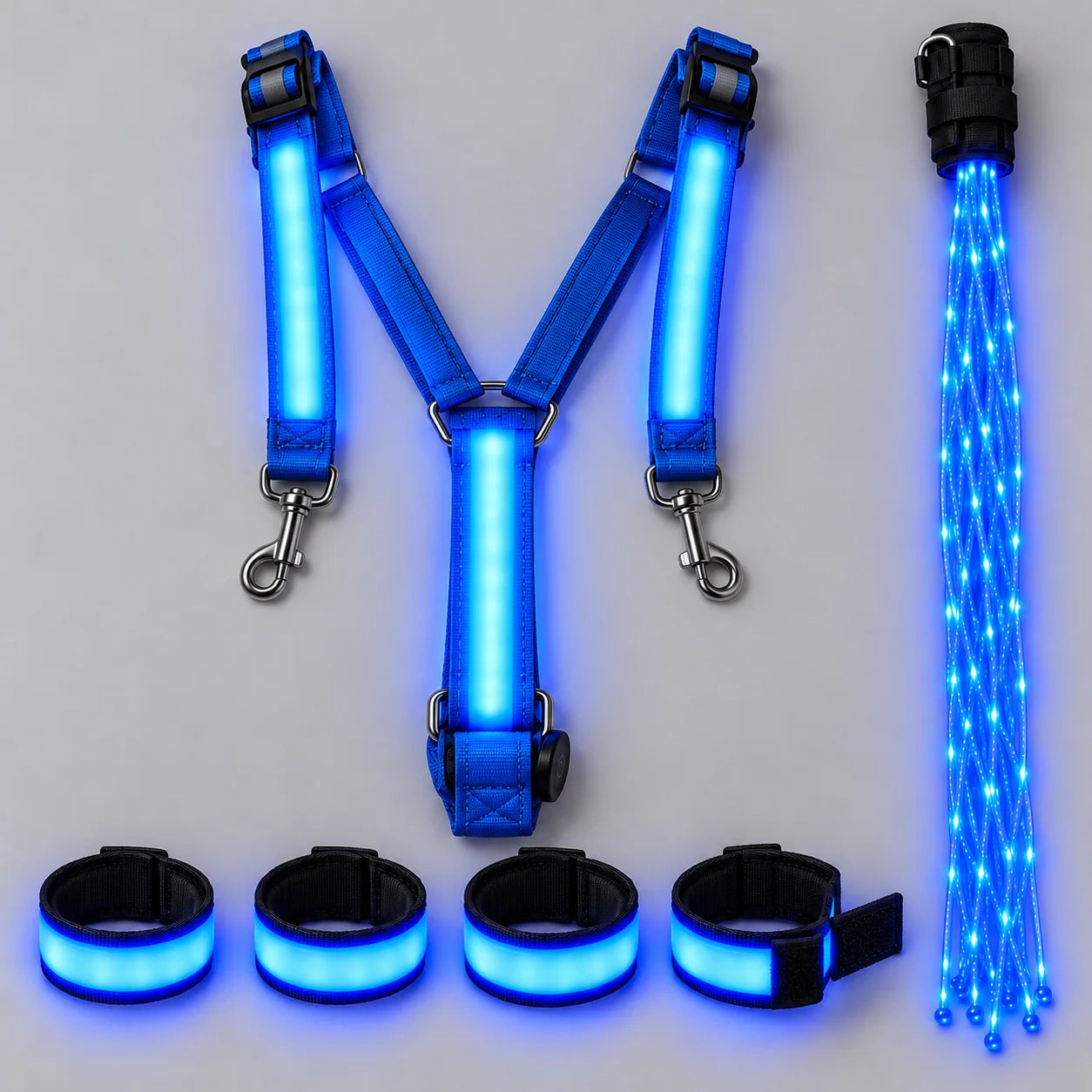 طقم إضاءة LED للخيل – حزام صدر وأربعة أشرطة للسيقان وضوء ذيل بطول 100 سم – قابل للتعديل لجميع الأحجام
