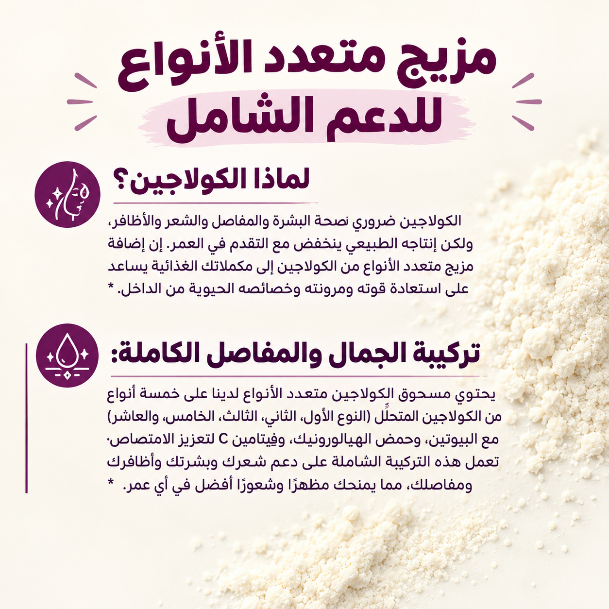 مايكرو إنغريديانتس كولاجين متعدد الببتيدات (أنواع I وII وIII وV وX) مع البيوتين وفيتامين C وحمض الهيالورونيك – مسحوق بدون نكهة – 454 غ