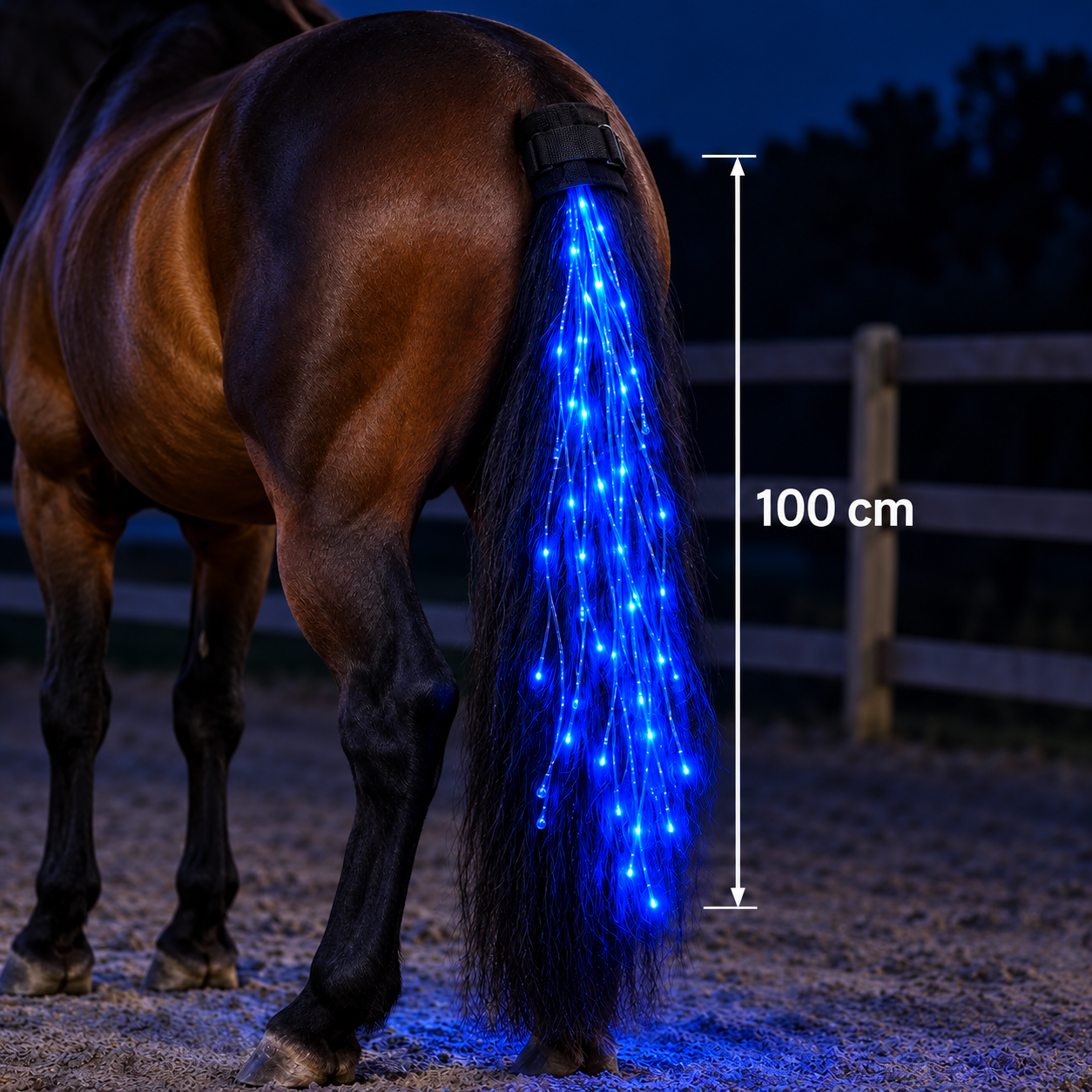 طقم إضاءة LED للخيل – حزام صدر وأربعة أشرطة للسيقان وضوء ذيل بطول 100 سم – قابل للتعديل لجميع الأحجام