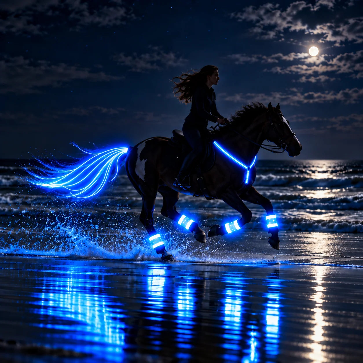 طقم إضاءة LED للخيل – حزام صدر وأربعة أشرطة للسيقان وضوء ذيل بطول 100 سم – قابل للتعديل لجميع الأحجام