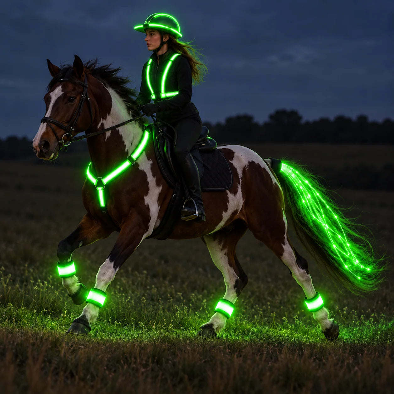 طقم إضاءة LED للخيل – حزام صدر وأربعة أشرطة للسيقان وضوء ذيل بطول 100 سم – قابل للتعديل لجميع الأحجام