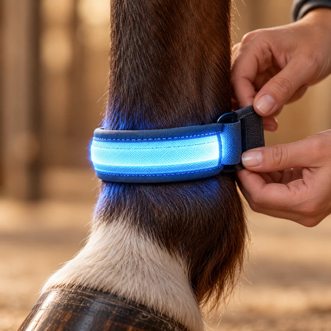 طقم إضاءة LED للخيل – حزام صدر وأربعة أشرطة للسيقان وضوء ذيل بطول 100 سم – قابل للتعديل لجميع الأحجام