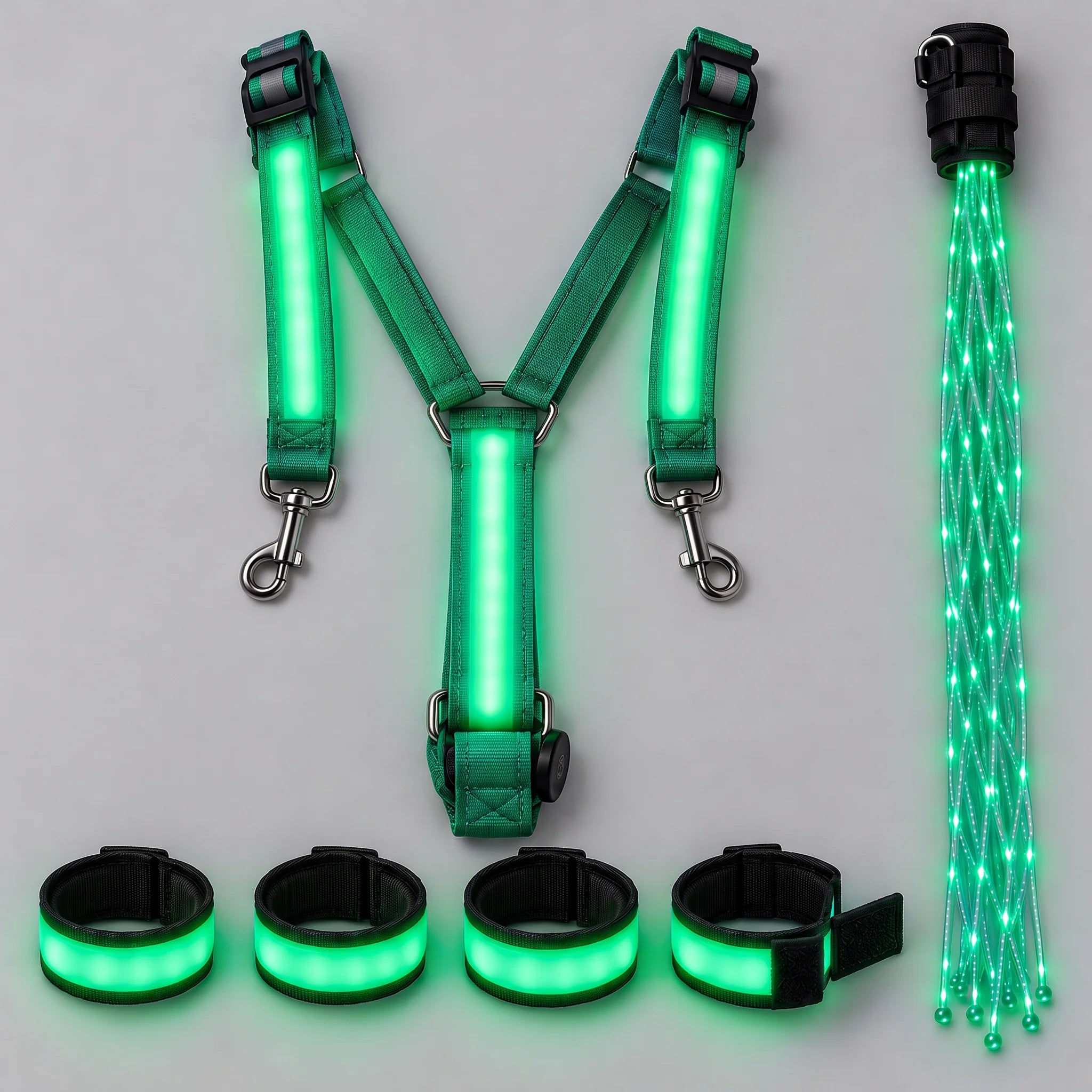 طقم إضاءة LED للخيل – حزام صدر وأربعة أشرطة للسيقان وضوء ذيل بطول 100 سم – قابل للتعديل لجميع الأحجام